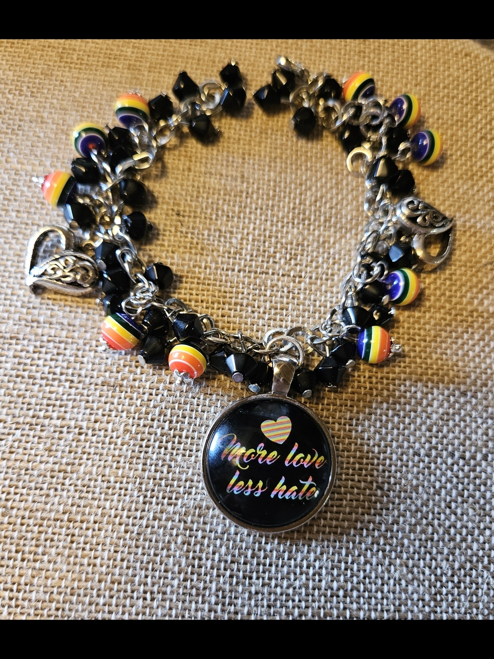 More Love Less Hate Rainbow Charm Bracelet - Black Bead Chain